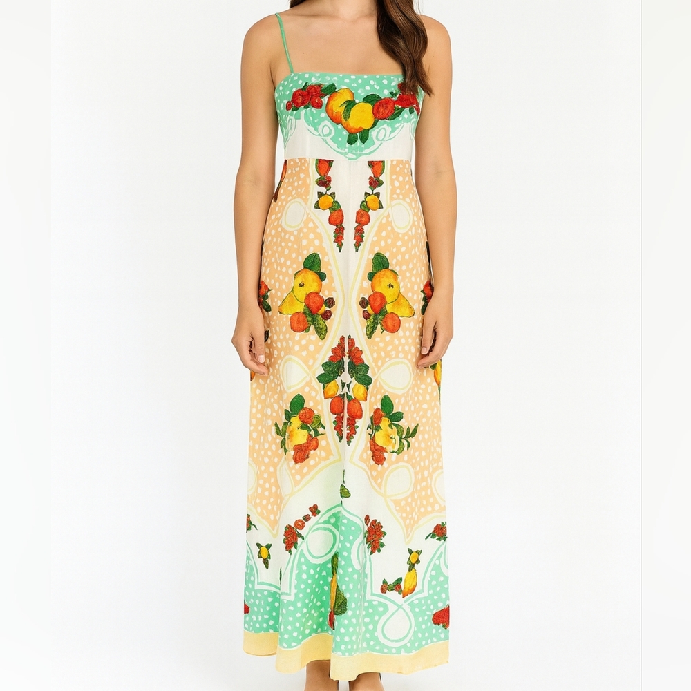 NWT Caroline Constas Linen Maxi Dress Citrus Fruit Print Size Small Resort Boho